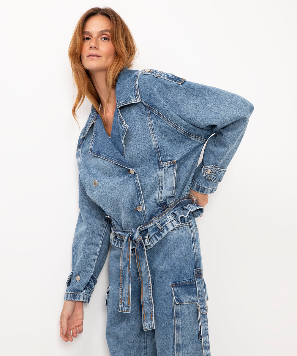 jaqueta jeans com faixa azul