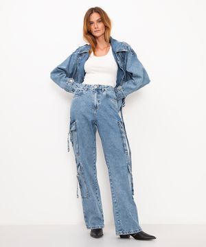 calça jeans wide leg cargo cintura alta azul