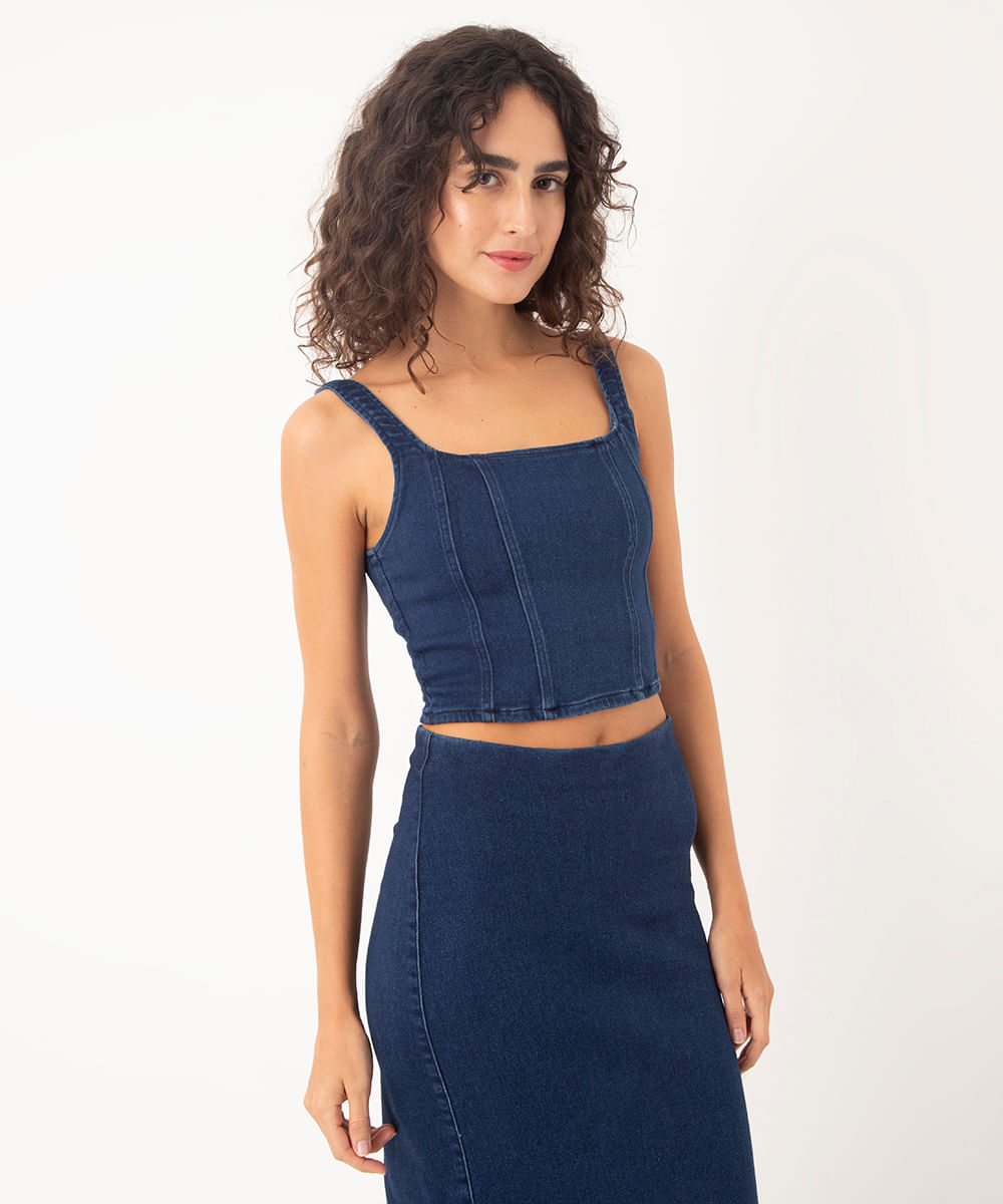 cropped jeans com recortes azul