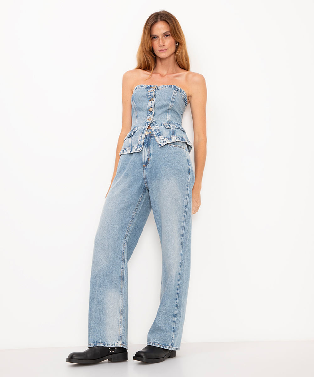 calça jeans wide leg slim cintura relaxed azul