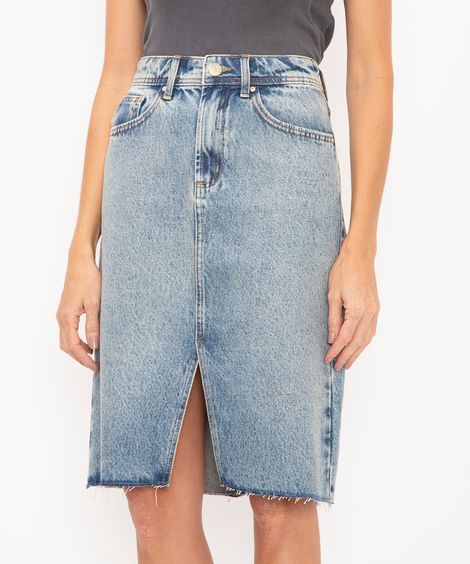 saia jeans midi com fenda cintura alta azul