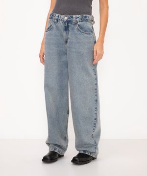 calça jeans super baggy cintura alta ajustável azul