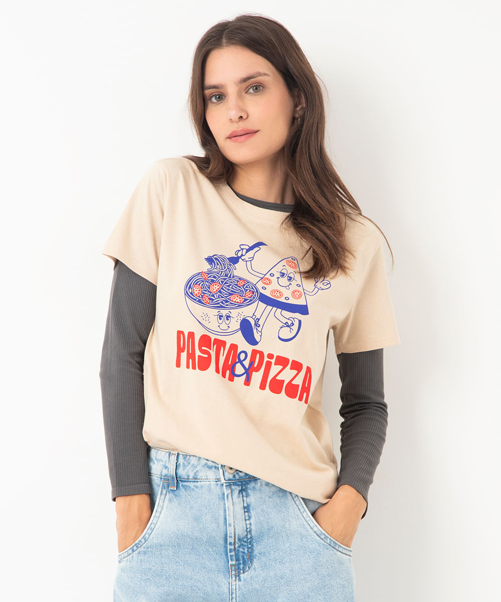 camiseta manga curta pasta e pizza bege