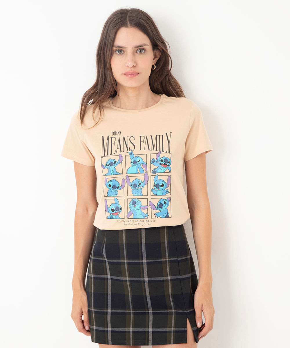 camiseta manga curta retratos stitch ohana bege