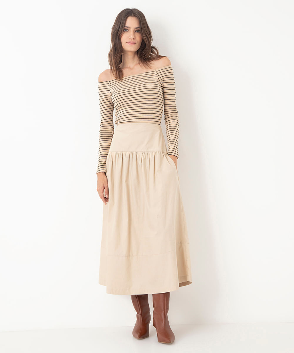 saia midi com bolsos bege