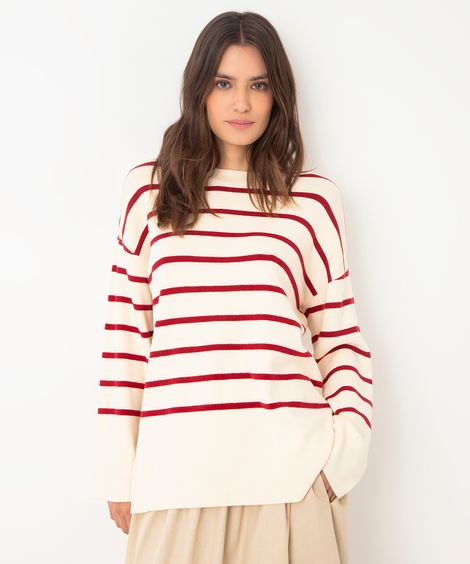 suéter de tricot manga longa canelado listrado vermelho