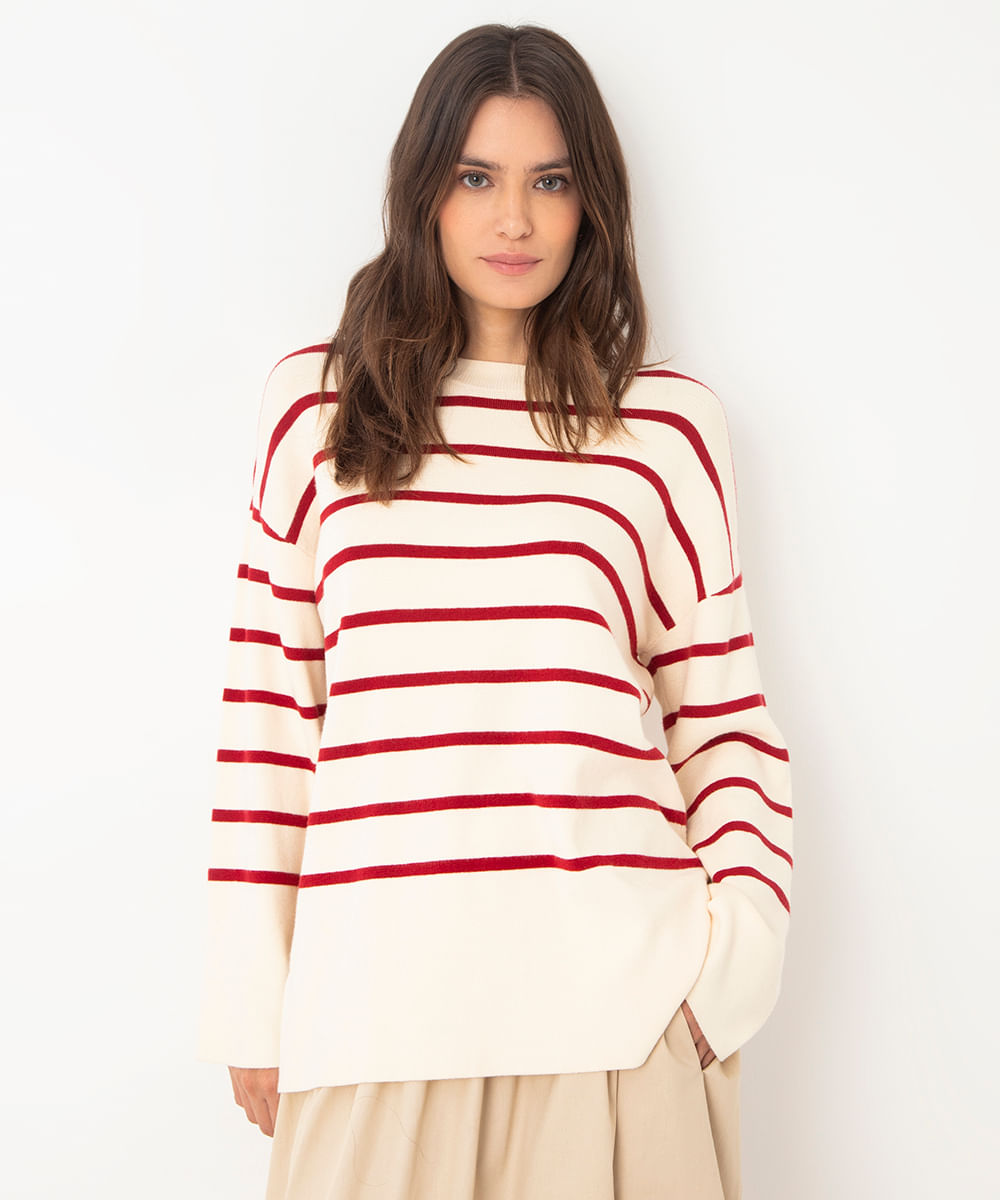suéter de tricot manga longa canelado listrado vermelho