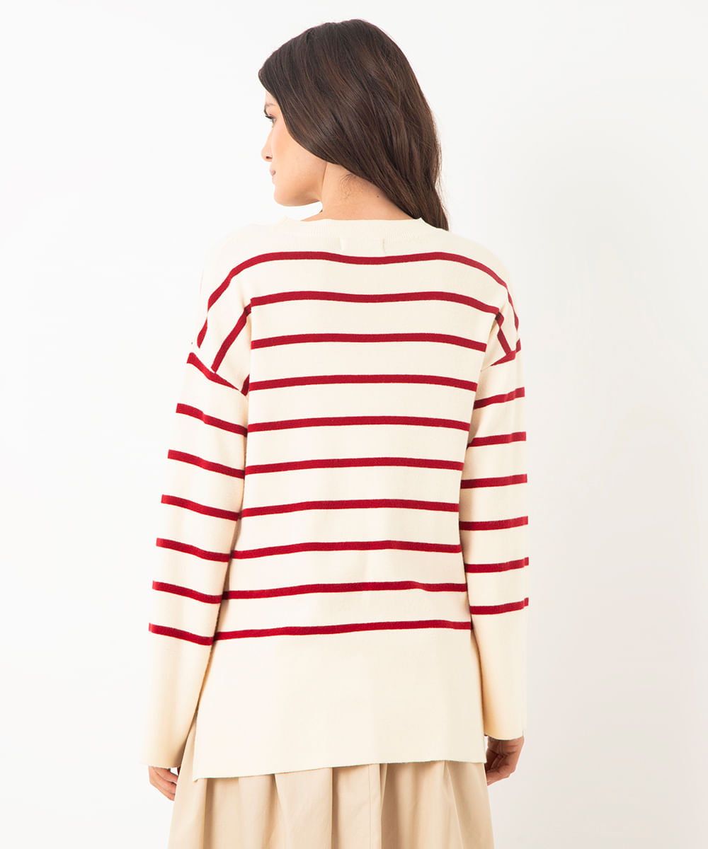 suéter de tricot manga longa canelado listrado vermelho