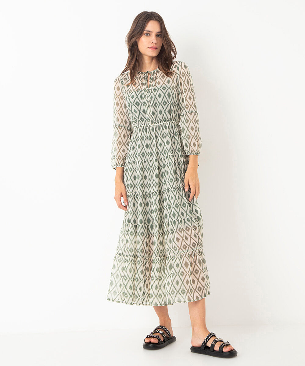 vestido bata longo geométrico off white