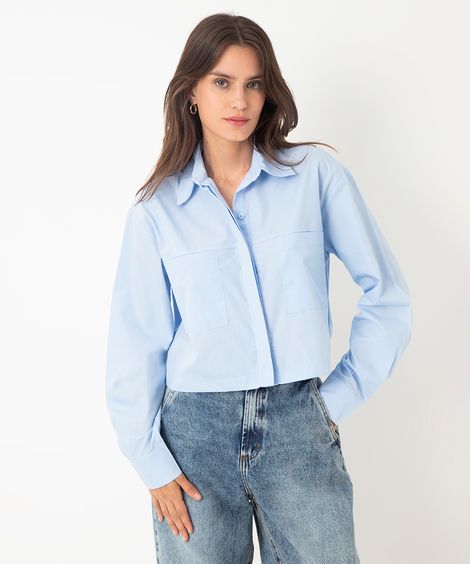 camisa cropped manga longa com bolsos azul claro