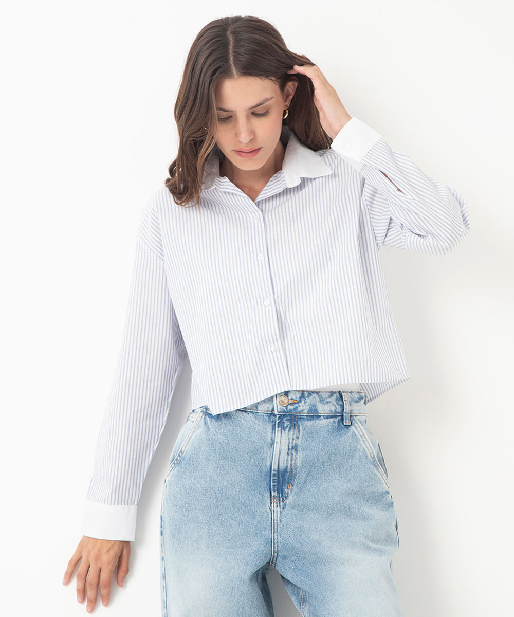 camisa de algodão cropped manga longa azul claro