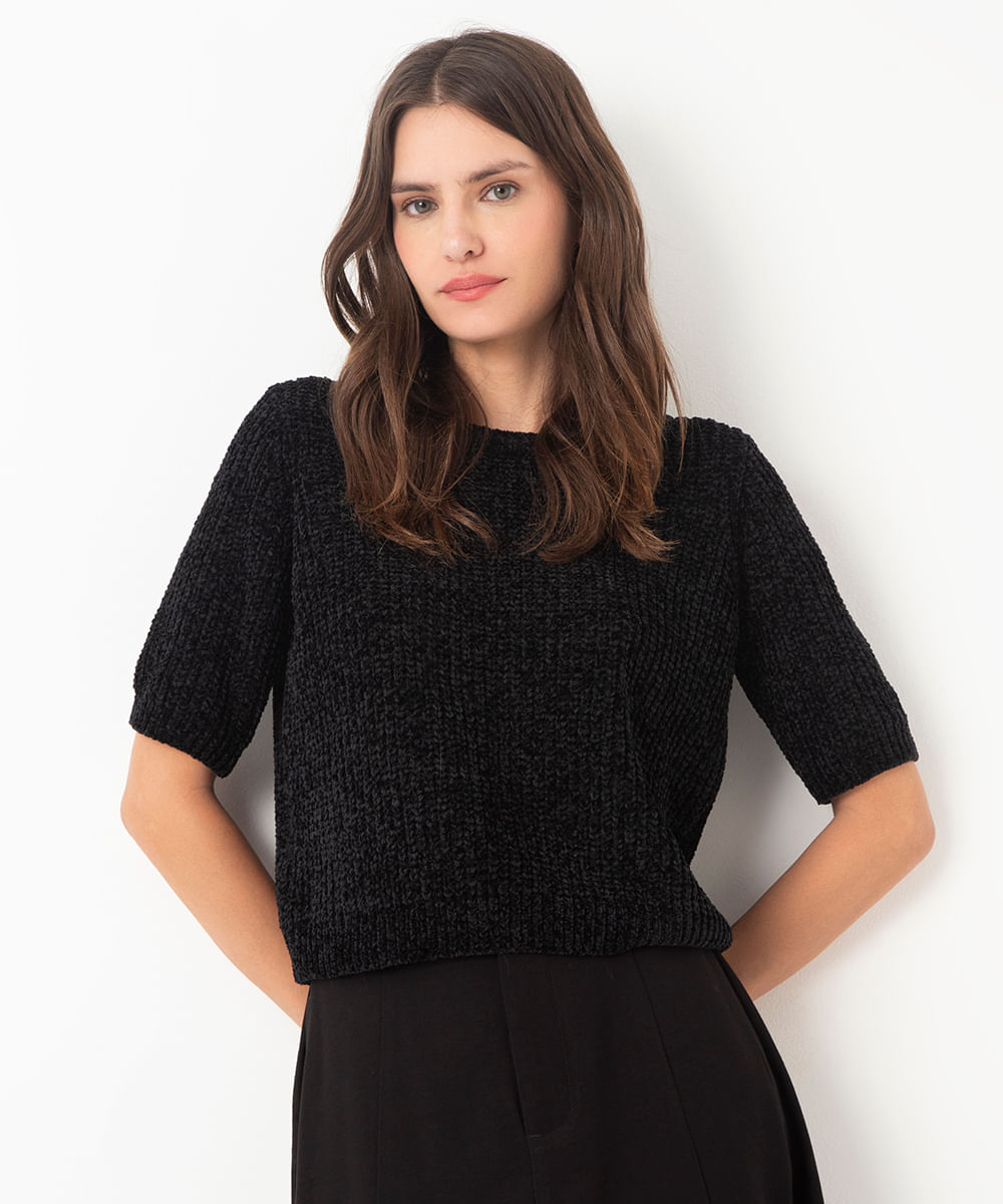 blusa cropped de tricot chenille preto