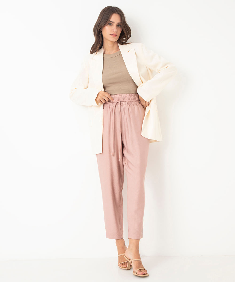 calça de viscose reta cintura alta rosê