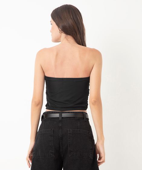 cropped decote reto sem alça com drapeado preto