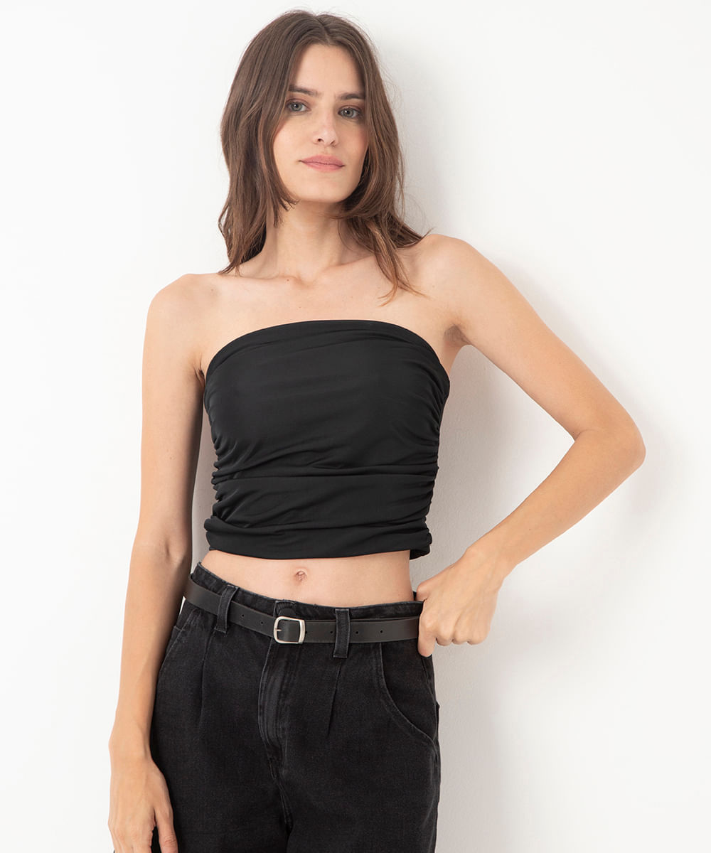 cropped decote reto sem alça com drapeado preto