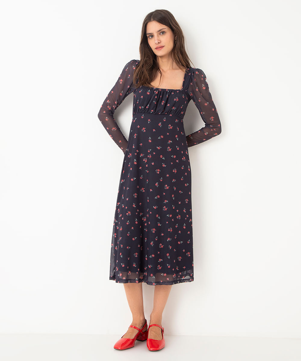 vestido midi manga longa floral azul marinho