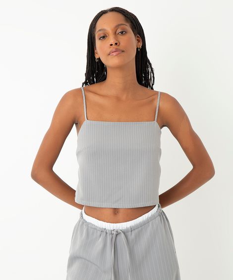 cropped de alfaiataria alça fina risca de giz cinza