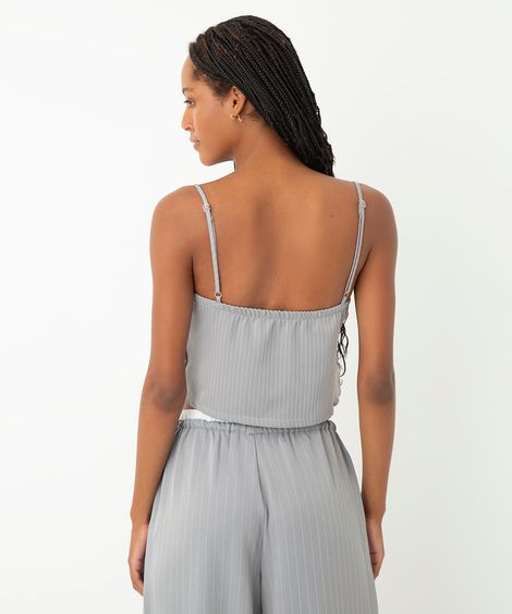 cropped de alfaiataria alça fina risca de giz cinza