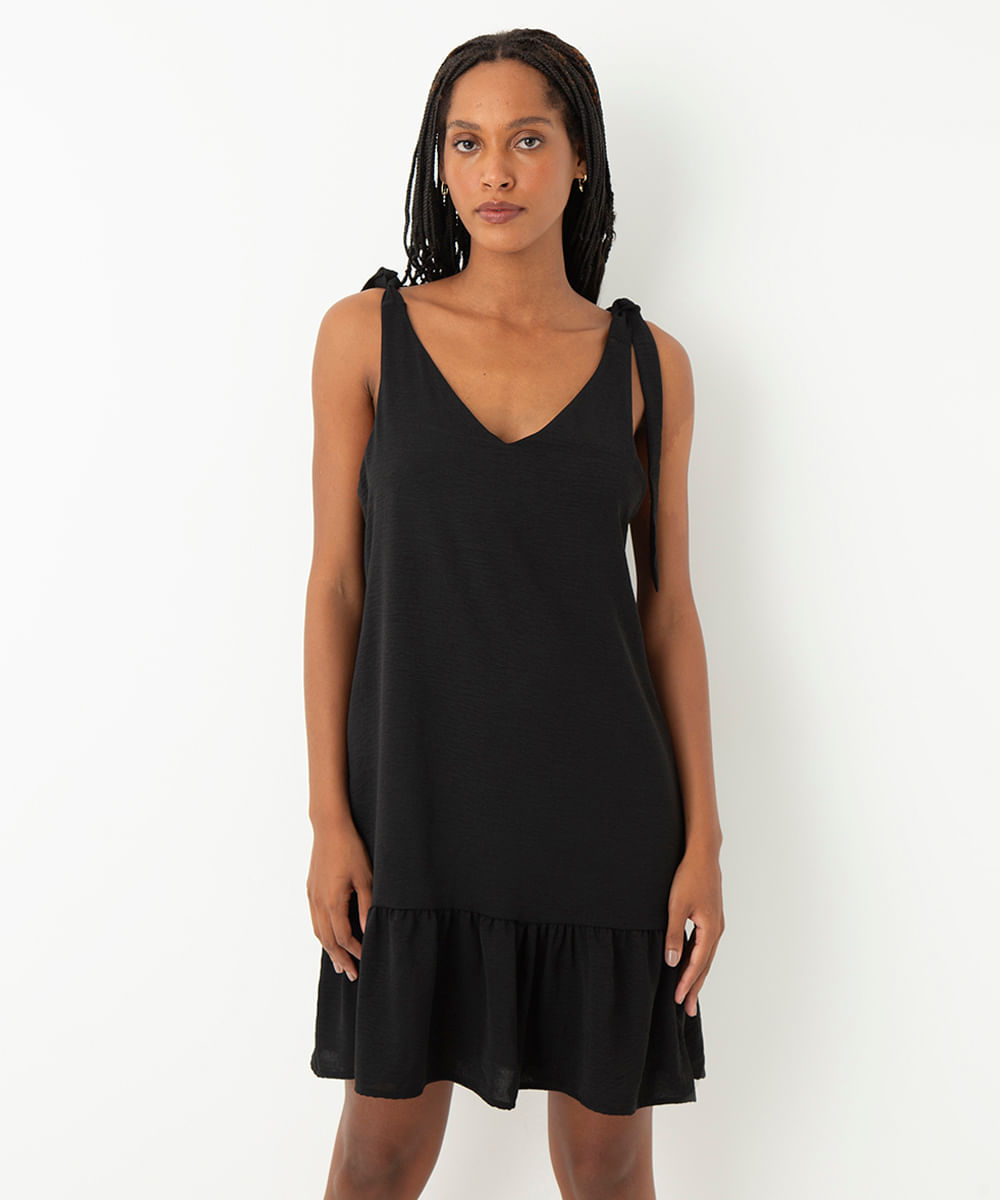 vestido curto com alça laço preto