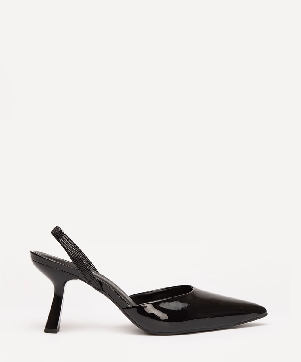 scarpin verniz bico fino salto alto onesef preto