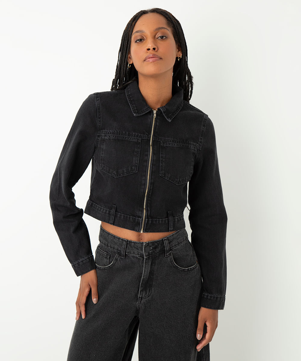 jaqueta jeans cropped manga longa preta