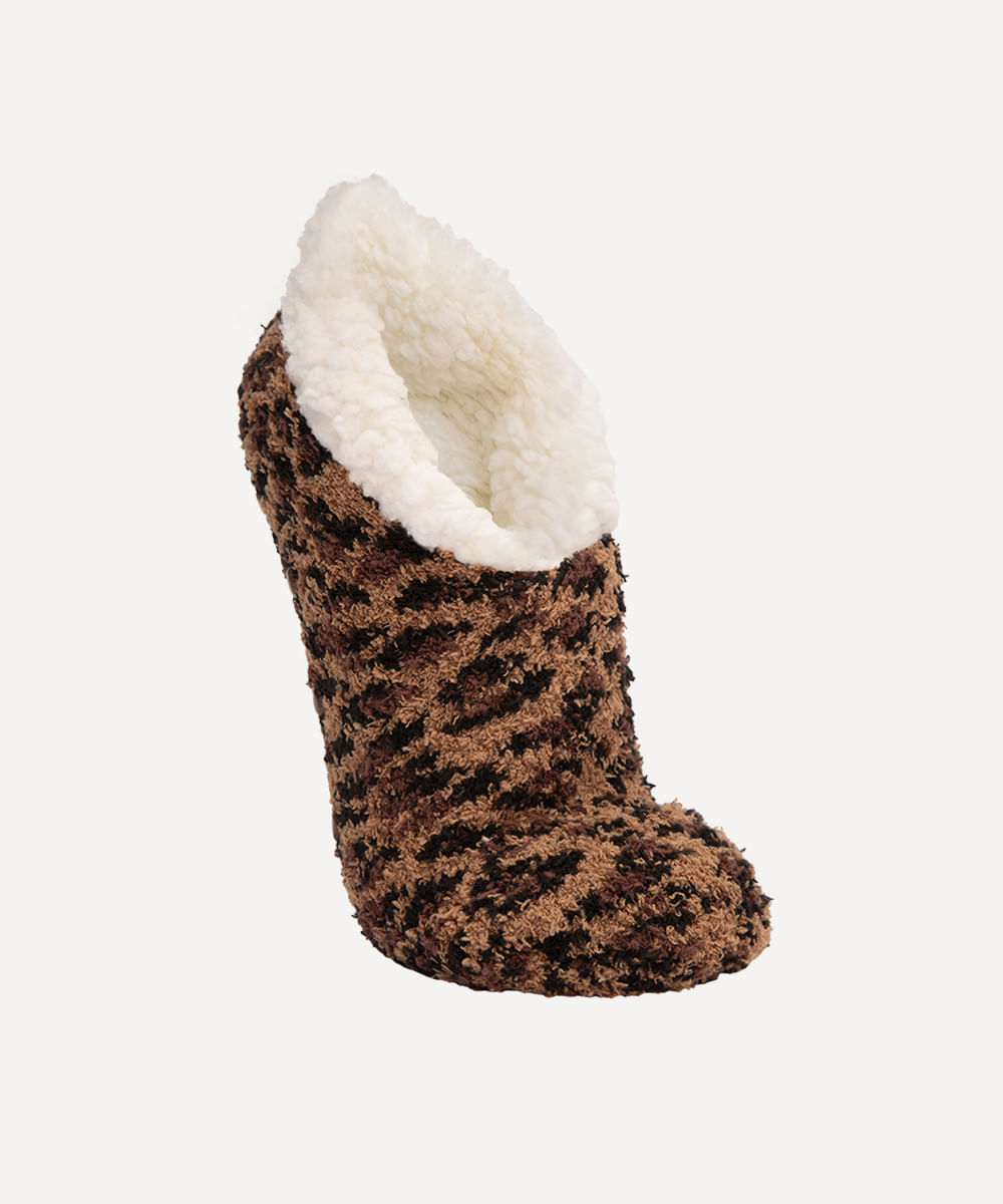 meia de pelucia animal print antiderrapante marrom