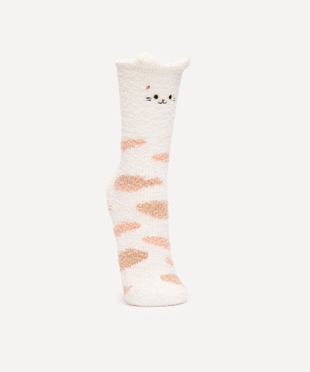 meia cano longo de chenile gatinha com orelhas off white