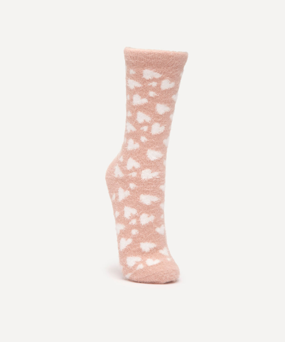 meia cano longo de chenille corações rosa