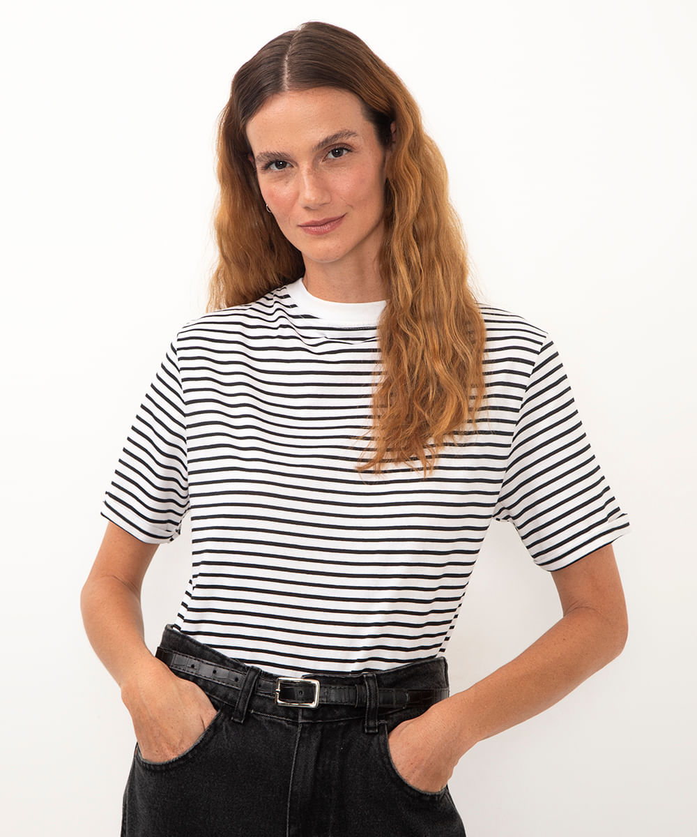 camiseta básica manga curta listrada off white