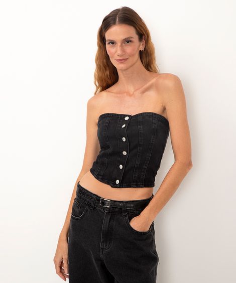 top corset jeans sem alça preto