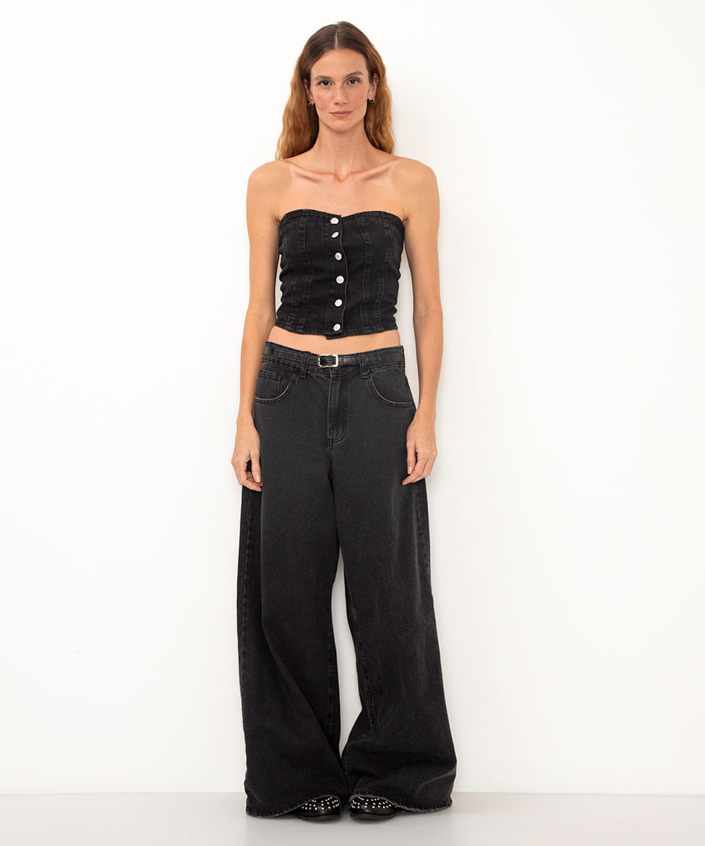 top corset jeans sem alça preto