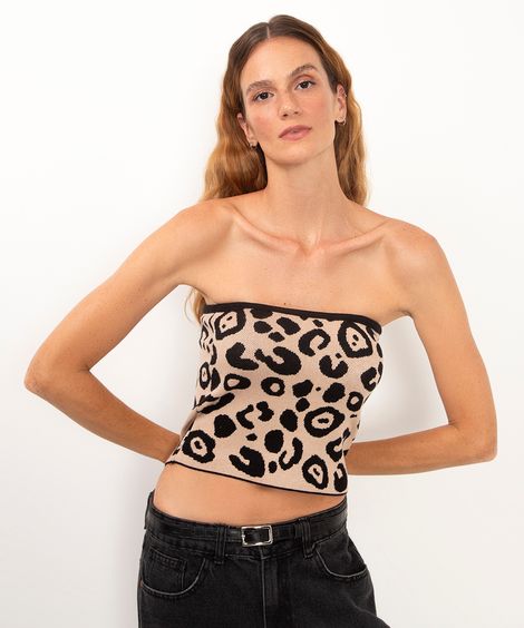 blusa de tricot sem alça animal print bege