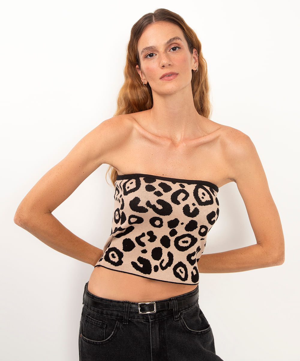blusa de tricot sem alça animal print bege