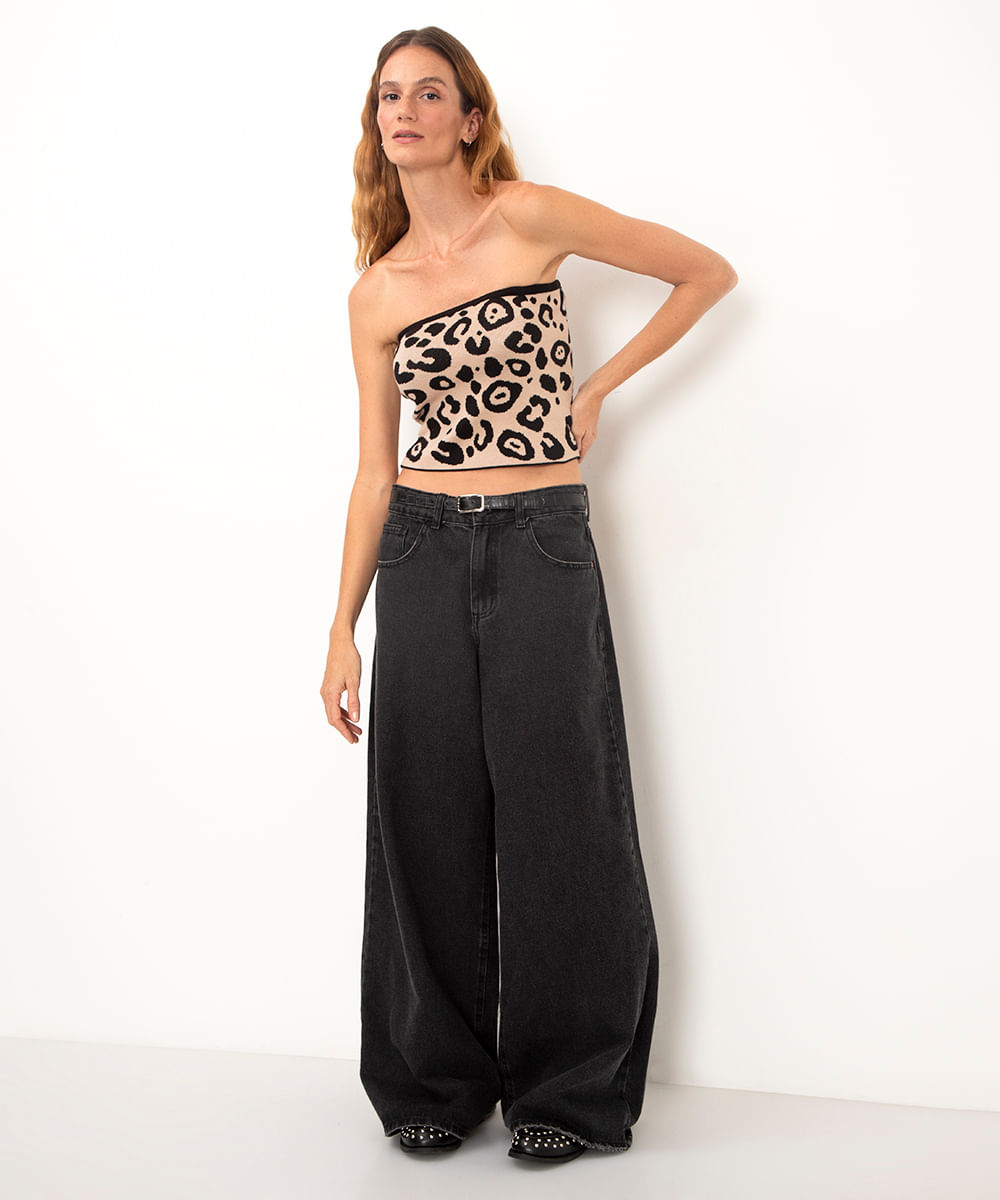 blusa de tricot sem alça animal print bege
