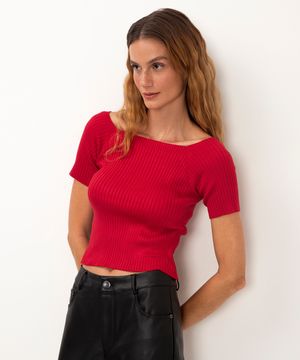 blusa de tricot cropped canelada ombro a ombro vermelho