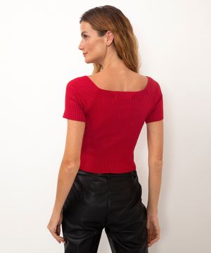 blusa de tricot cropped canelada ombro a ombro vermelho