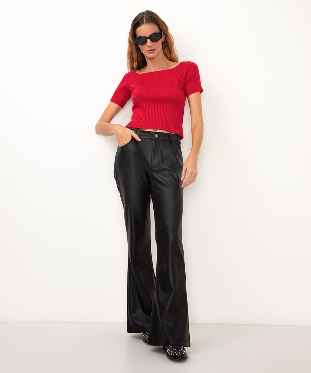 blusa de tricot cropped canelada ombro a ombro vermelho