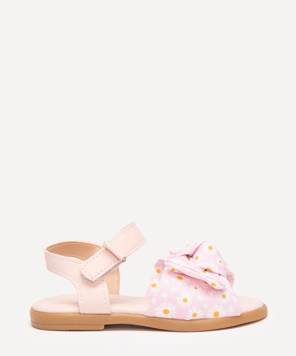sandália infantil floral com laço rosa