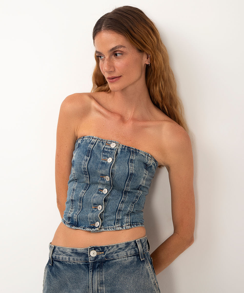 top corset jeans sem alça azul