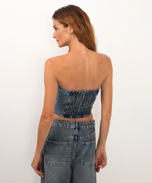 top corset jeans sem alça azul