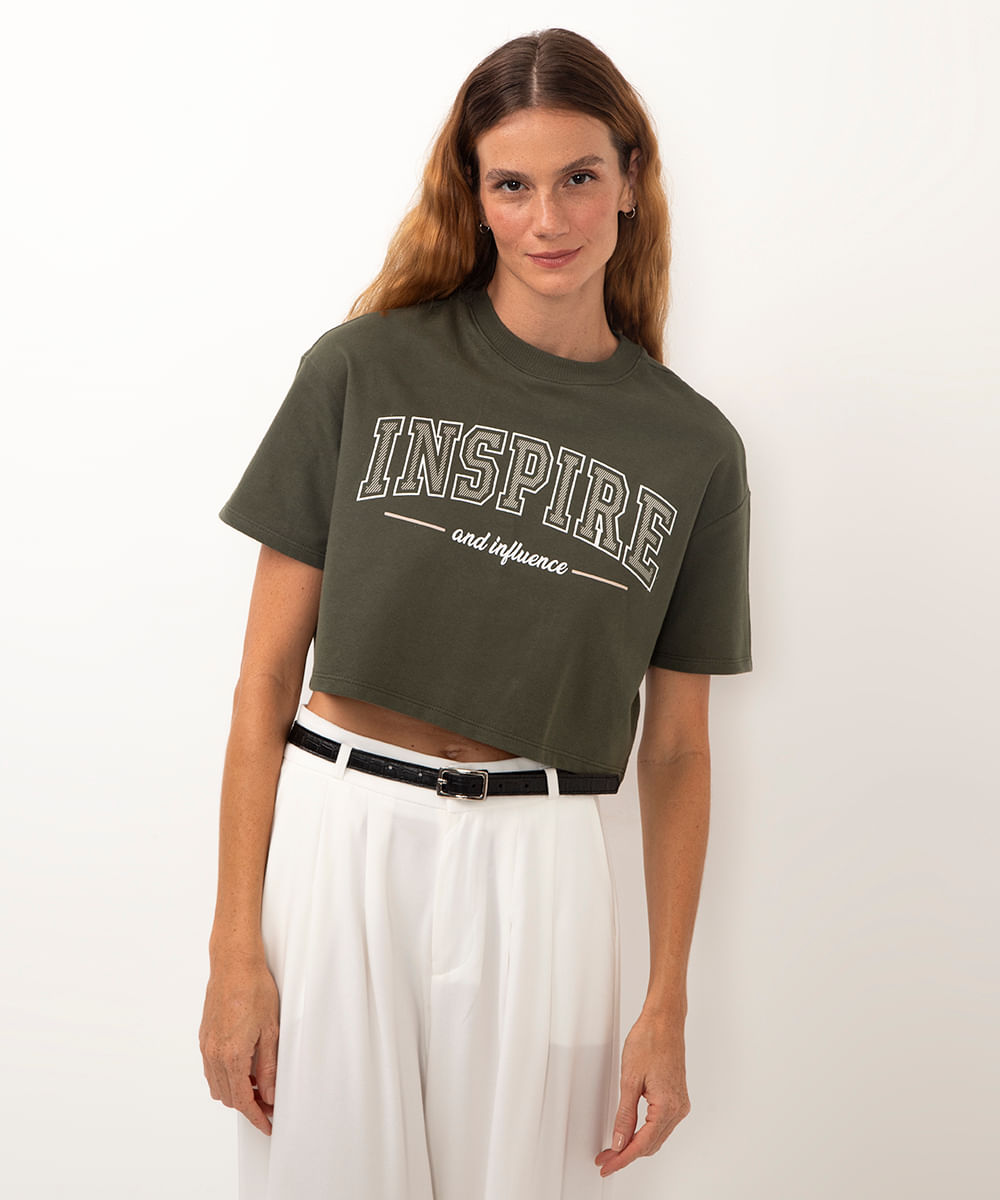 blusa cropped de moletinho manga curta inspire verde