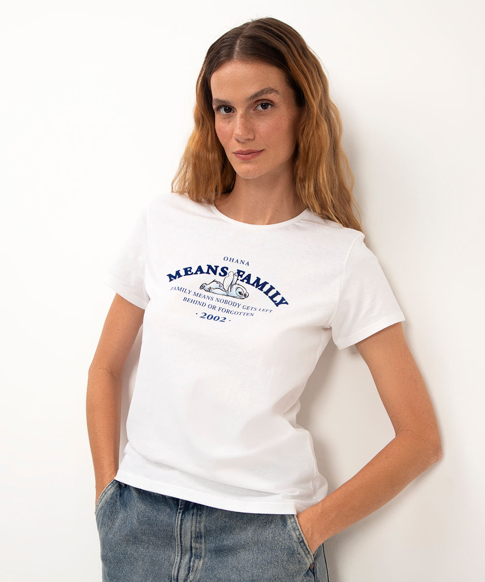 camiseta de algodão manga curta stitch means family branco