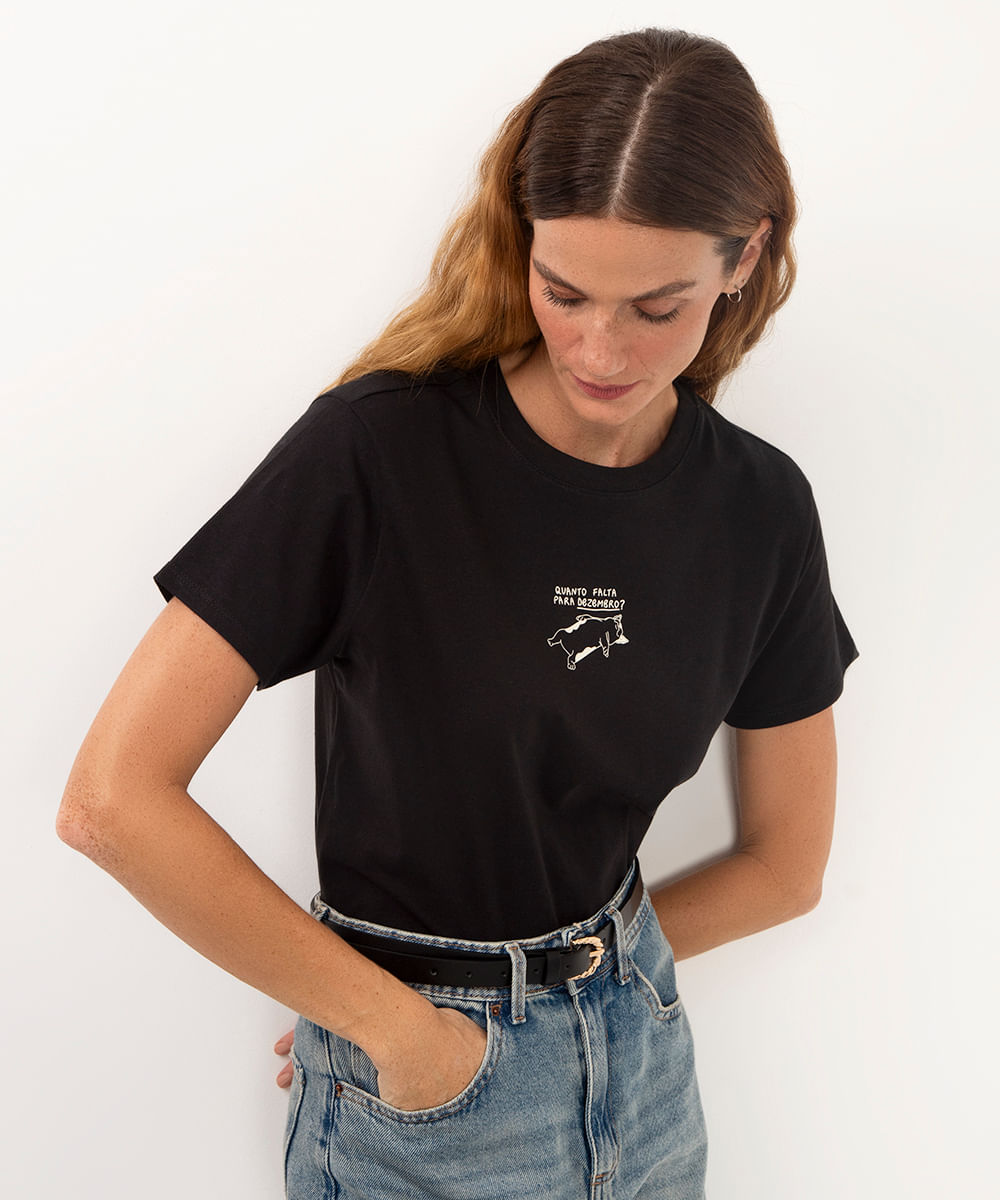 camiseta de algodão manga curta cachorro preto