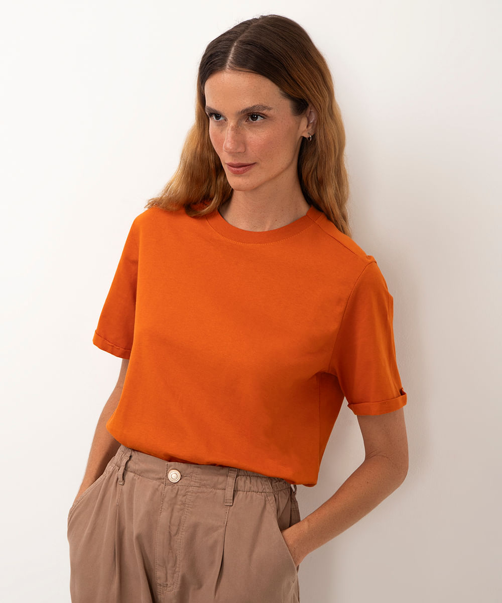 camiseta básica de algodão decote redondo terracota