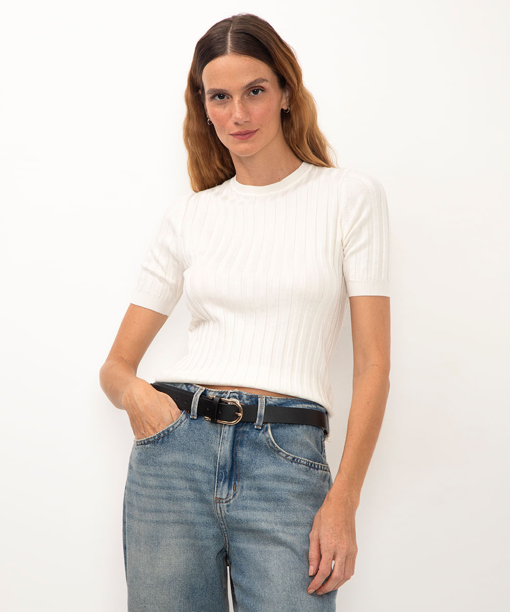 blusa de tricot canelada manga curta - off white