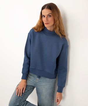 blusa de moletom gola alta canelada azul