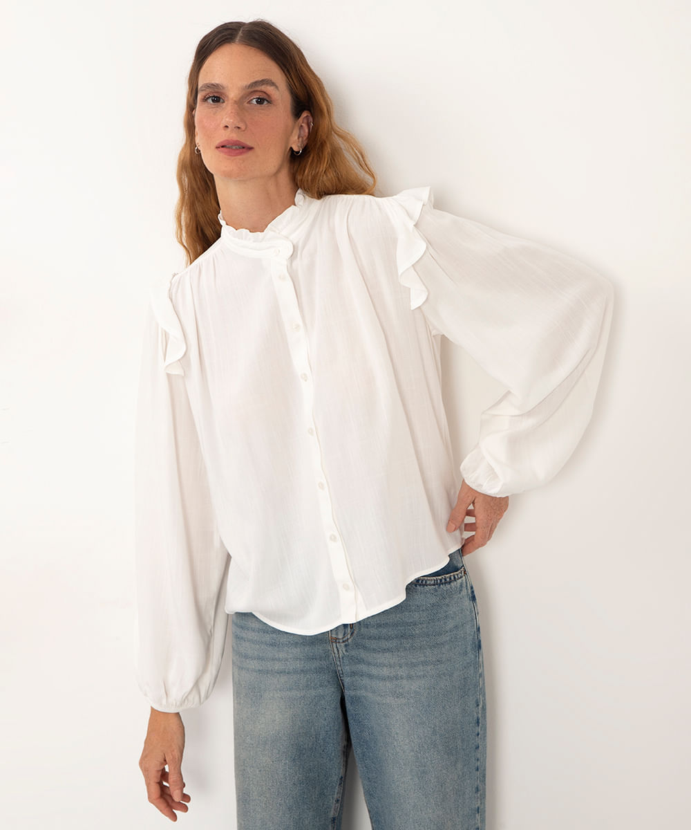 camisa de viscose manga longa bufante com babado off white