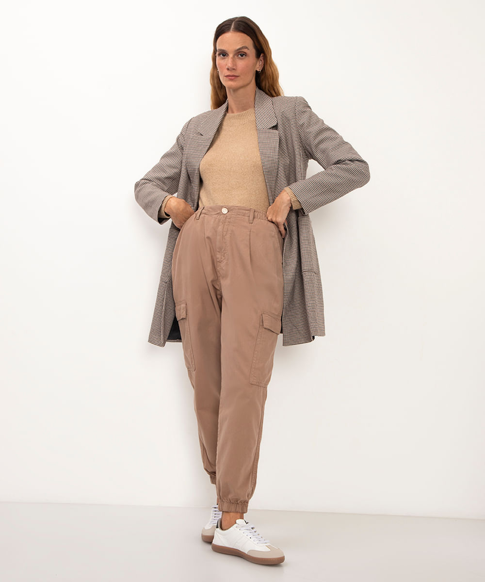 calça de sarja jogger cargo cintura super alta marrom