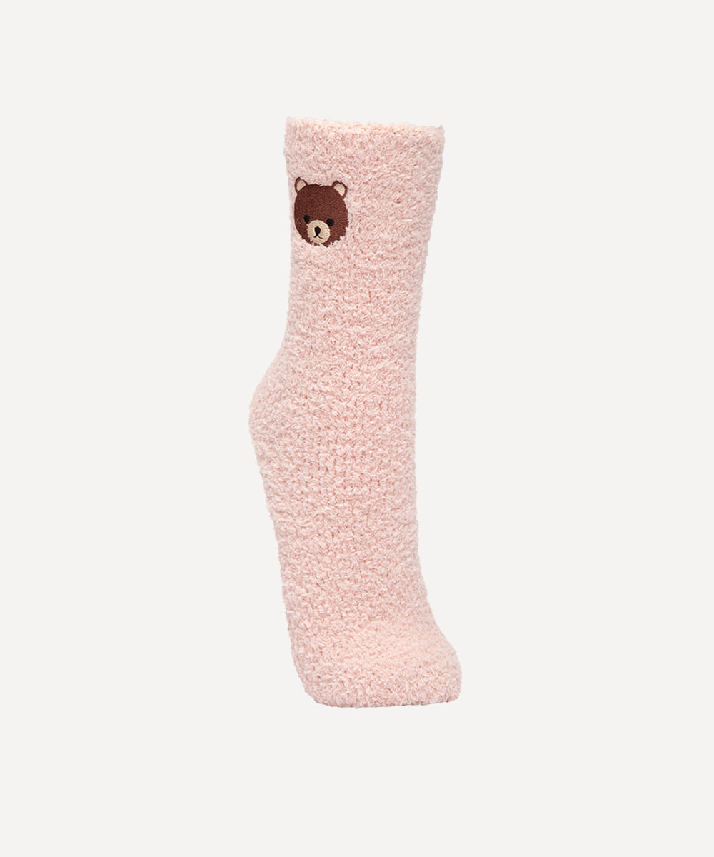 meia de chenille antiderrapante urso rosa claro