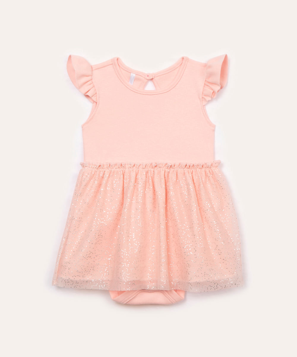 body de algodão infantil com tule e brilho rosa